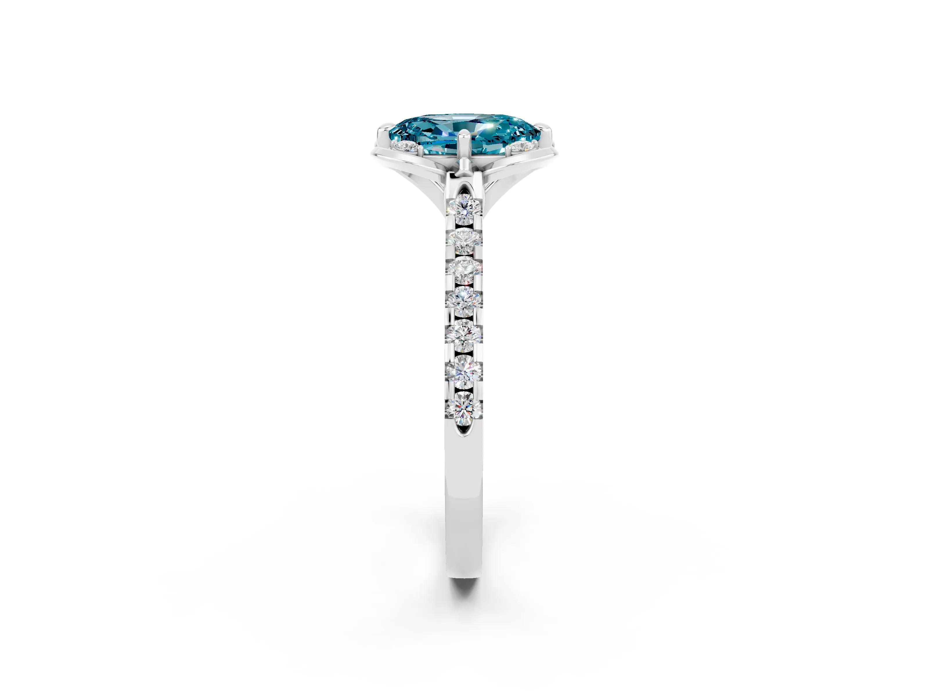 White gold Oval Cut Blue Topaz Ring with Pavé Band and Floral Prong Setting_2