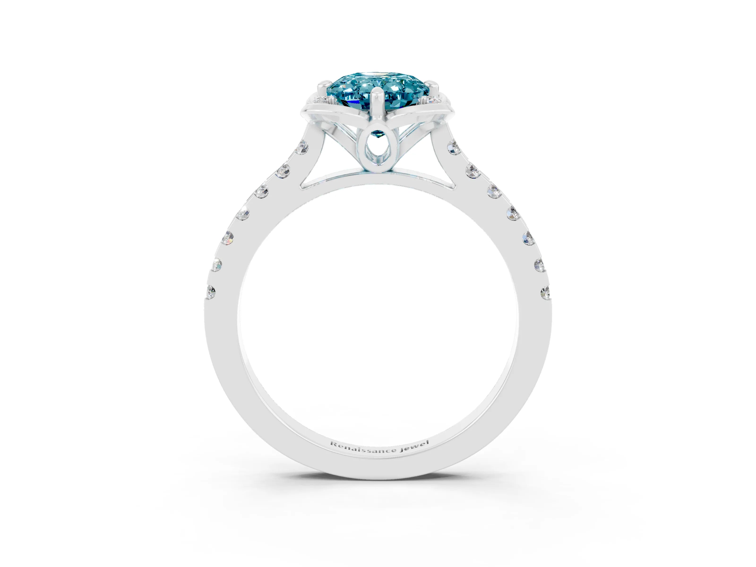 White gold Oval Cut Blue Topaz Ring with Pavé Band and Floral Prong Setting_3
