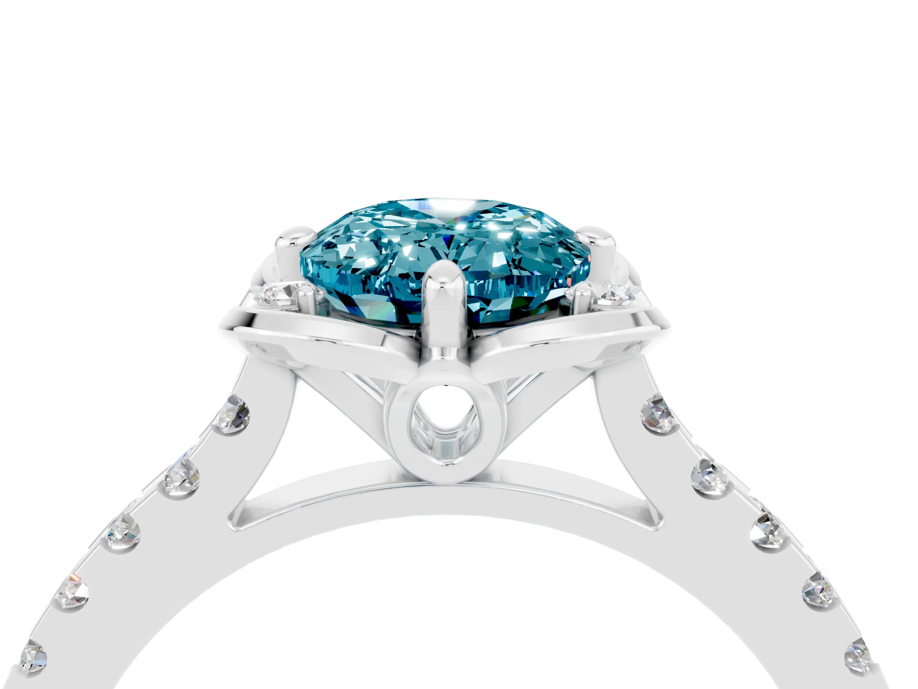 White gold Oval Cut Blue Topaz Ring with Pavé Band and Floral Prong Setting_4