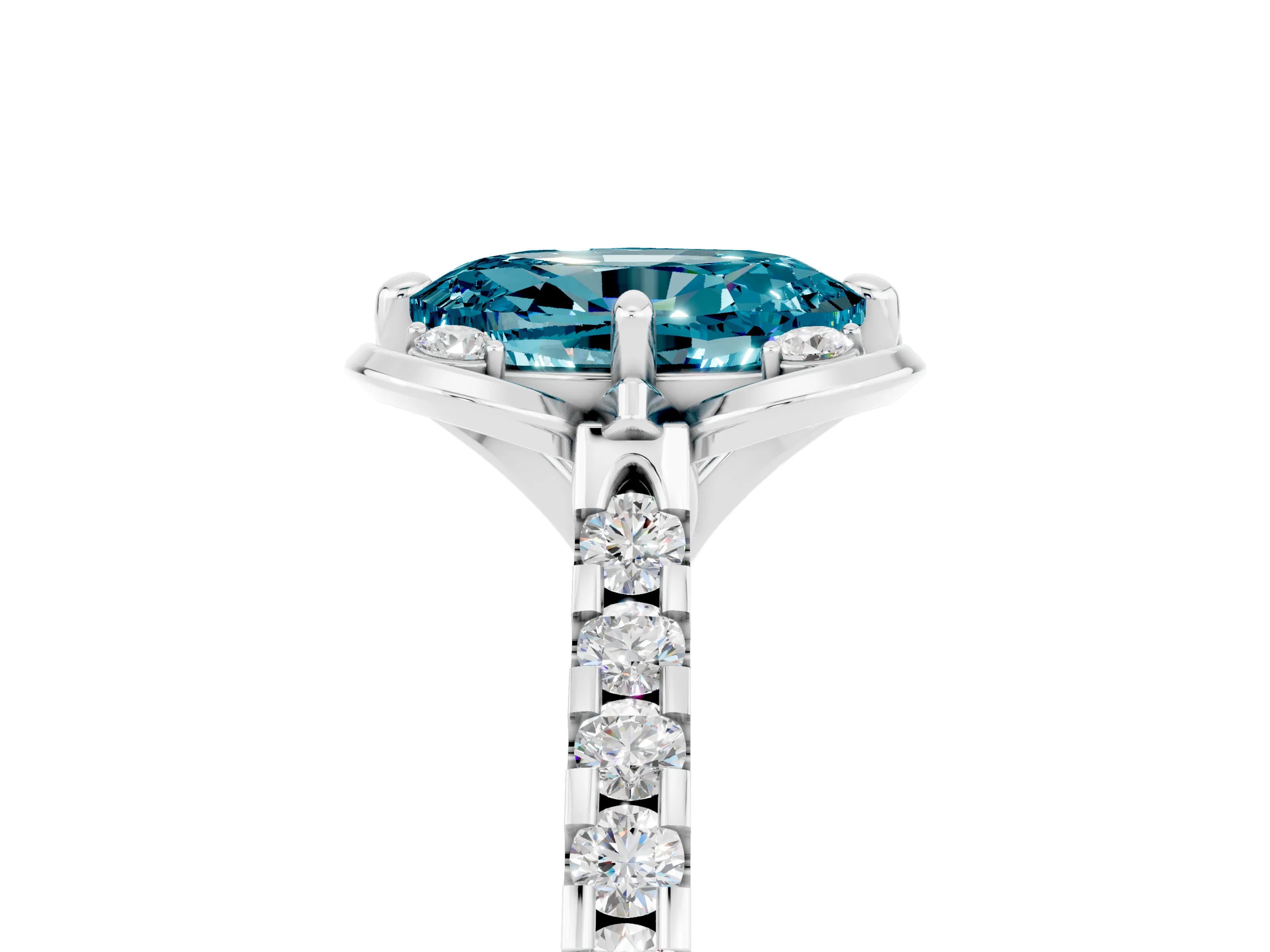 White gold Oval Cut Blue Topaz Ring with Pavé Band and Floral Prong Setting_5