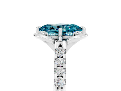 White gold Oval Cut Blue Topaz Ring with Pavé Band and Floral Prong Setting_5