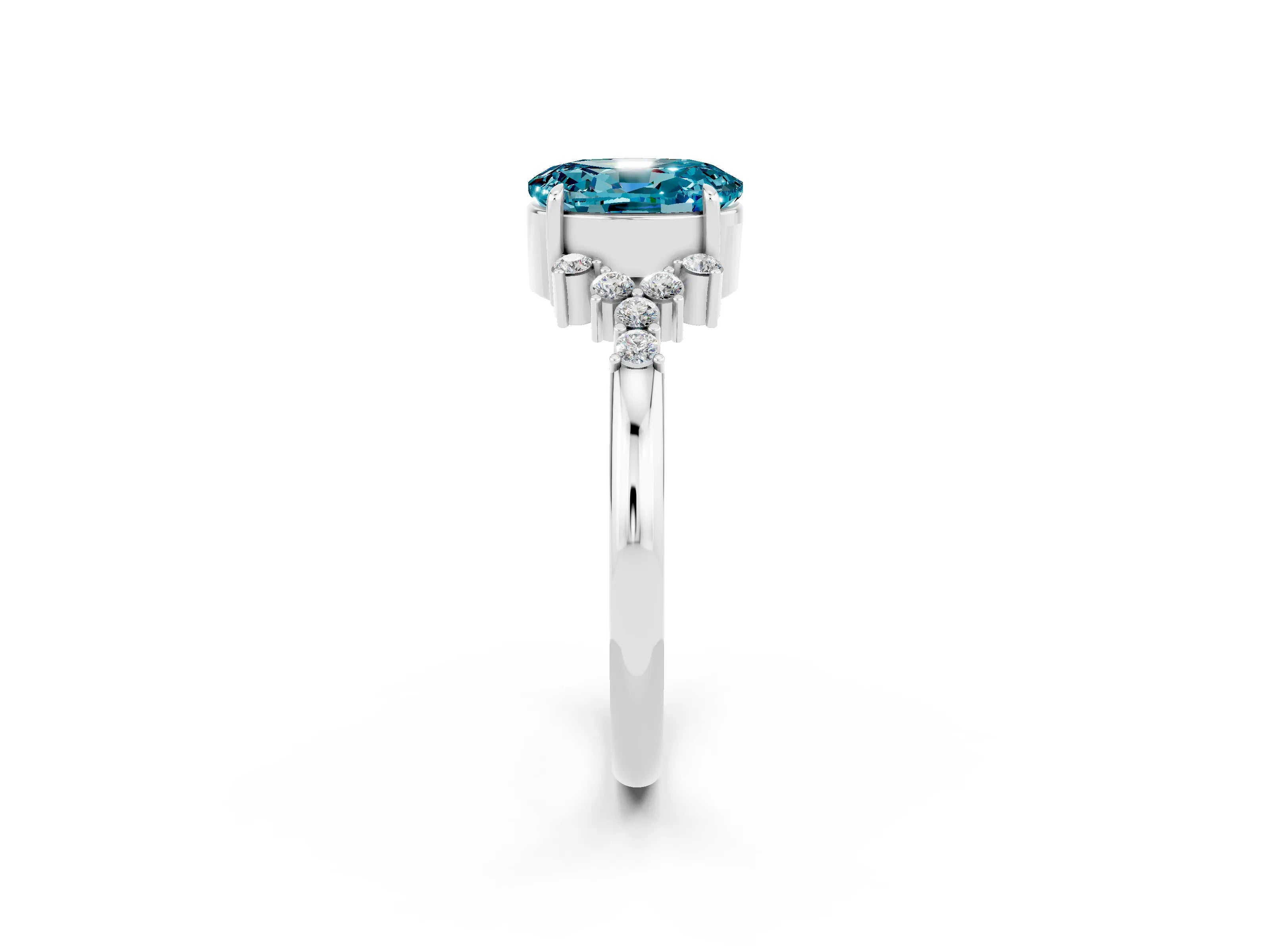 White gold Oval Cut Blue Topaz Ring with Side Stones and Four-Prong Setting_111