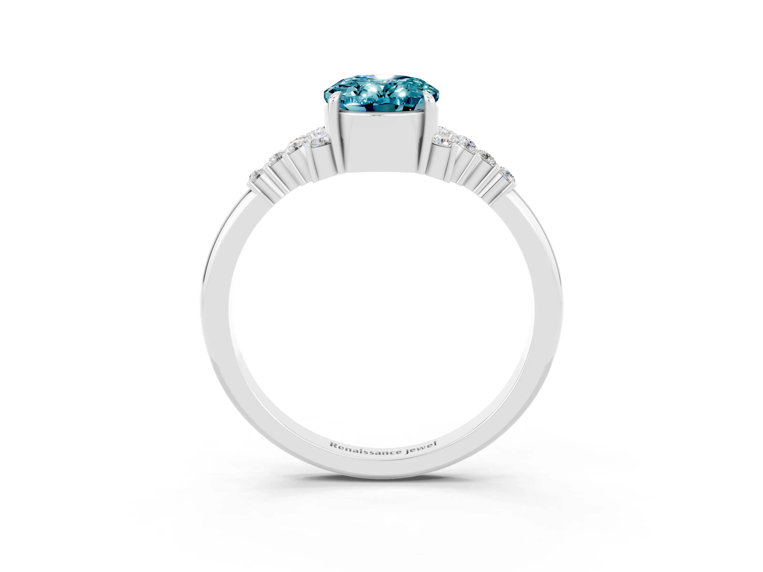 White gold Oval Cut Blue Topaz Ring with Side Stones and Four-Prong Setting_112