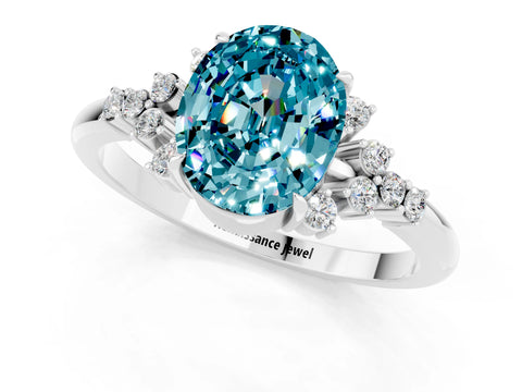White gold Oval Cut Blue Topaz Ring with Side Stones and Four-Prong Setting_119