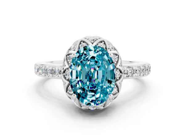 Silver Oval Cut Blue Topaz Scalloped Halo Engagement Ring with Round Shared Prong Band