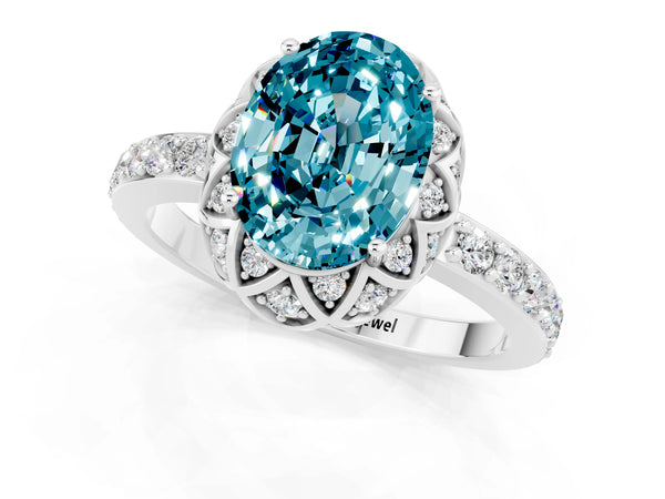 Silver Oval Cut Blue Topaz Scalloped Halo Engagement Ring with Round Shared Prong Band