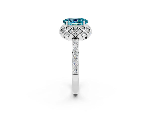 Platinum Oval Cut Blue Topaz Scalloped Halo Engagement Ring with Round Shared Prong Band