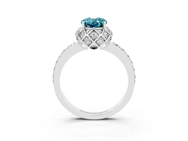 White gold Oval Cut Blue Topaz Scalloped Halo Engagement Ring with Round Shared Prong Band