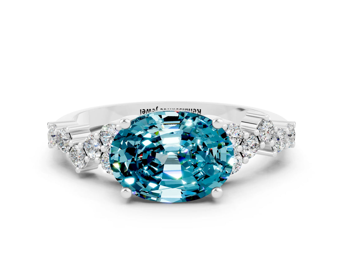 White gold Oval Cut Blue Topaz Scattered Round Accent Ring with Prong Setting_24