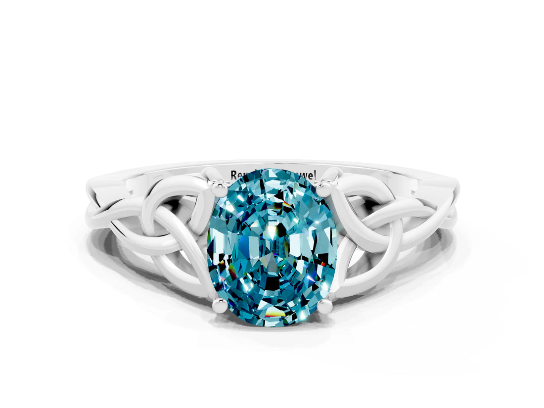 White gold Oval Cut Blue Topaz Solitaire Celtic Knot Ring with Four-Prong Setting_12