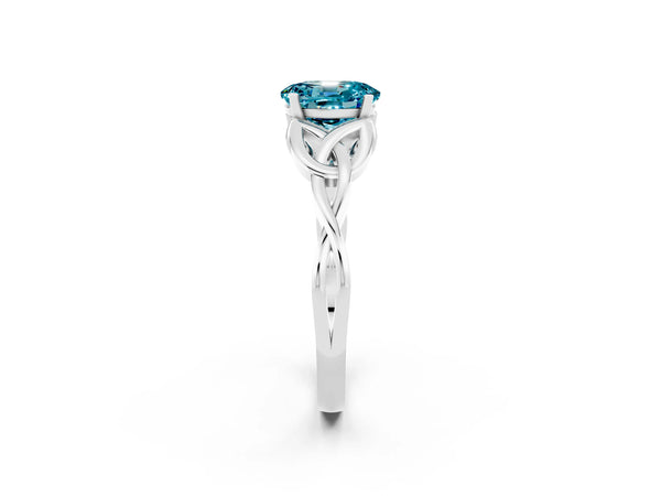 White gold Oval Cut Blue Topaz Solitaire Celtic Knot Ring with Four-Prong Setting
