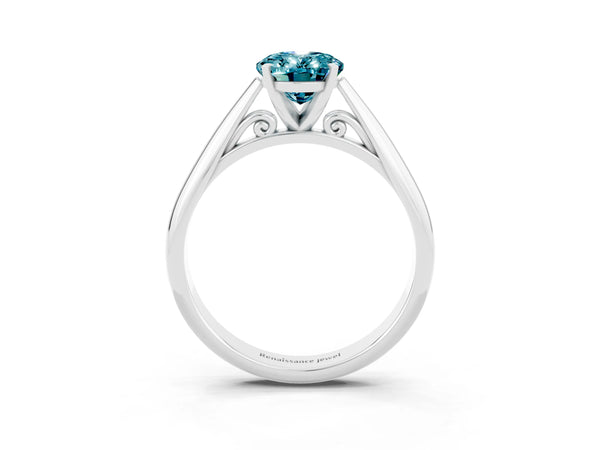 Platinum Oval Cut Blue Topaz Solitaire Engagement Ring with Cathedral Setting and Four-Prong Mount