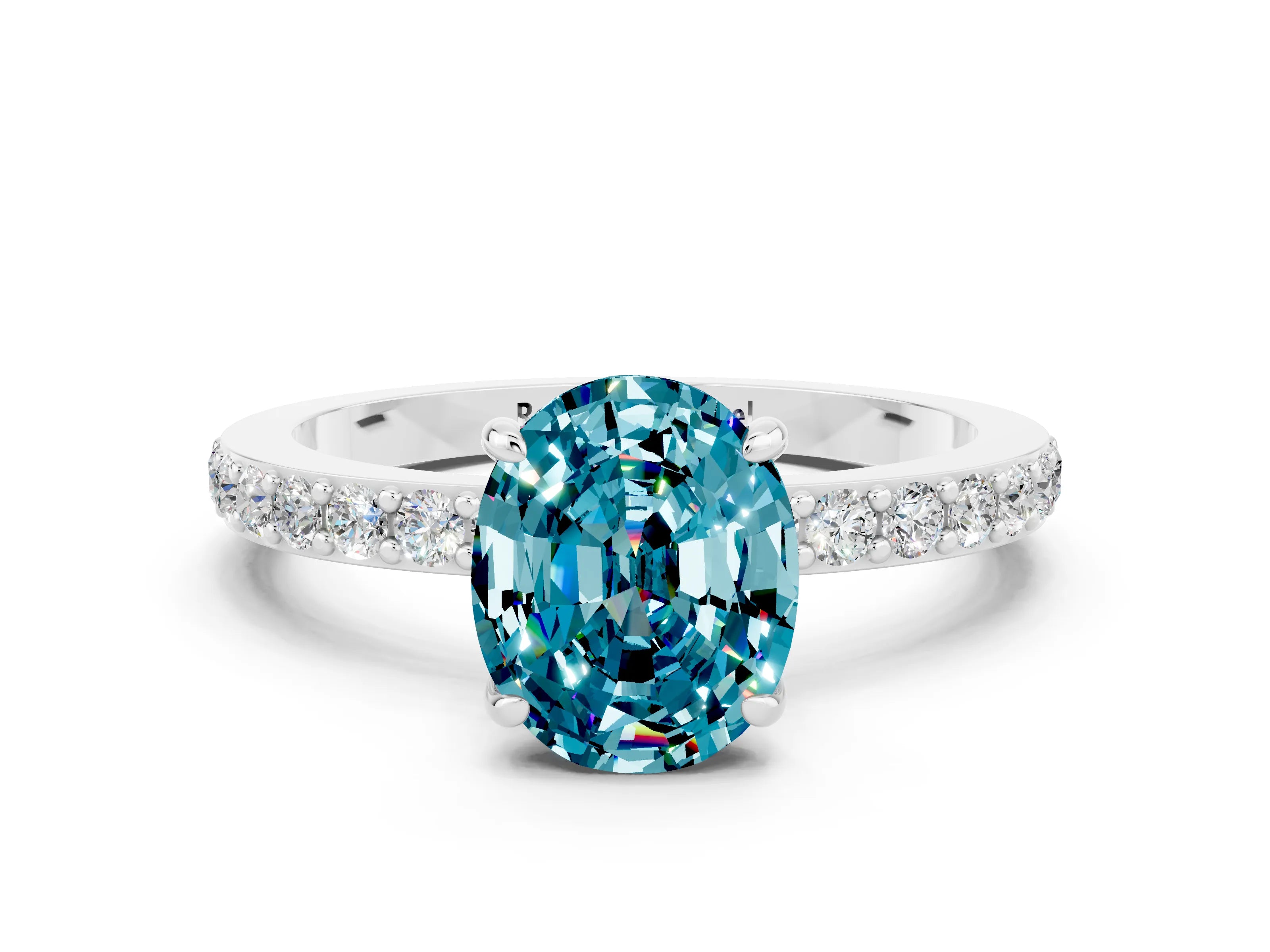 White gold Oval Cut Blue Topaz Solitaire Engagement Ring with Pavé Band and Four-Prong Setting_12