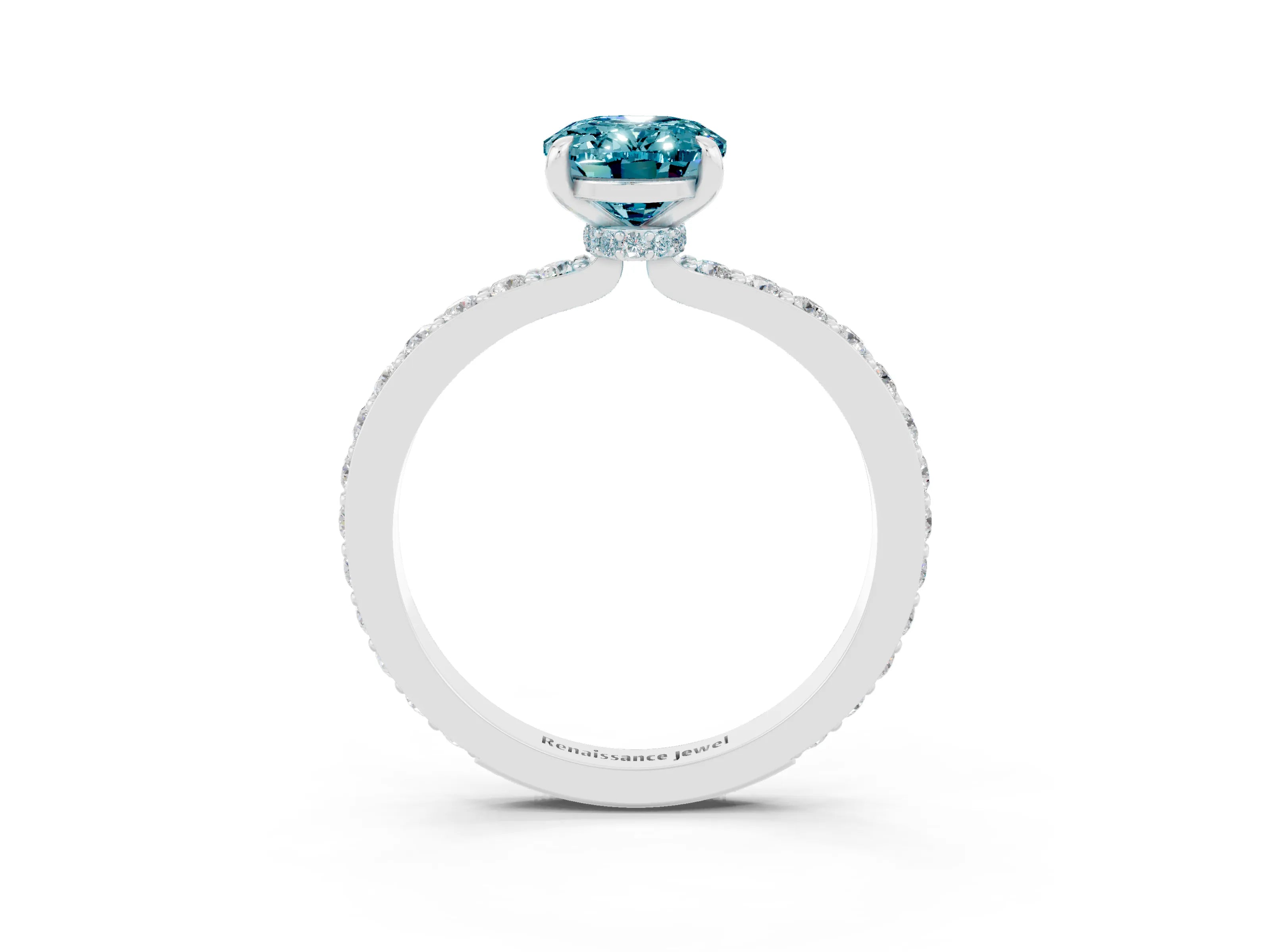 White gold Oval Cut Blue Topaz Solitaire Engagement Ring with Pavé Band and Four-Prong Setting_15