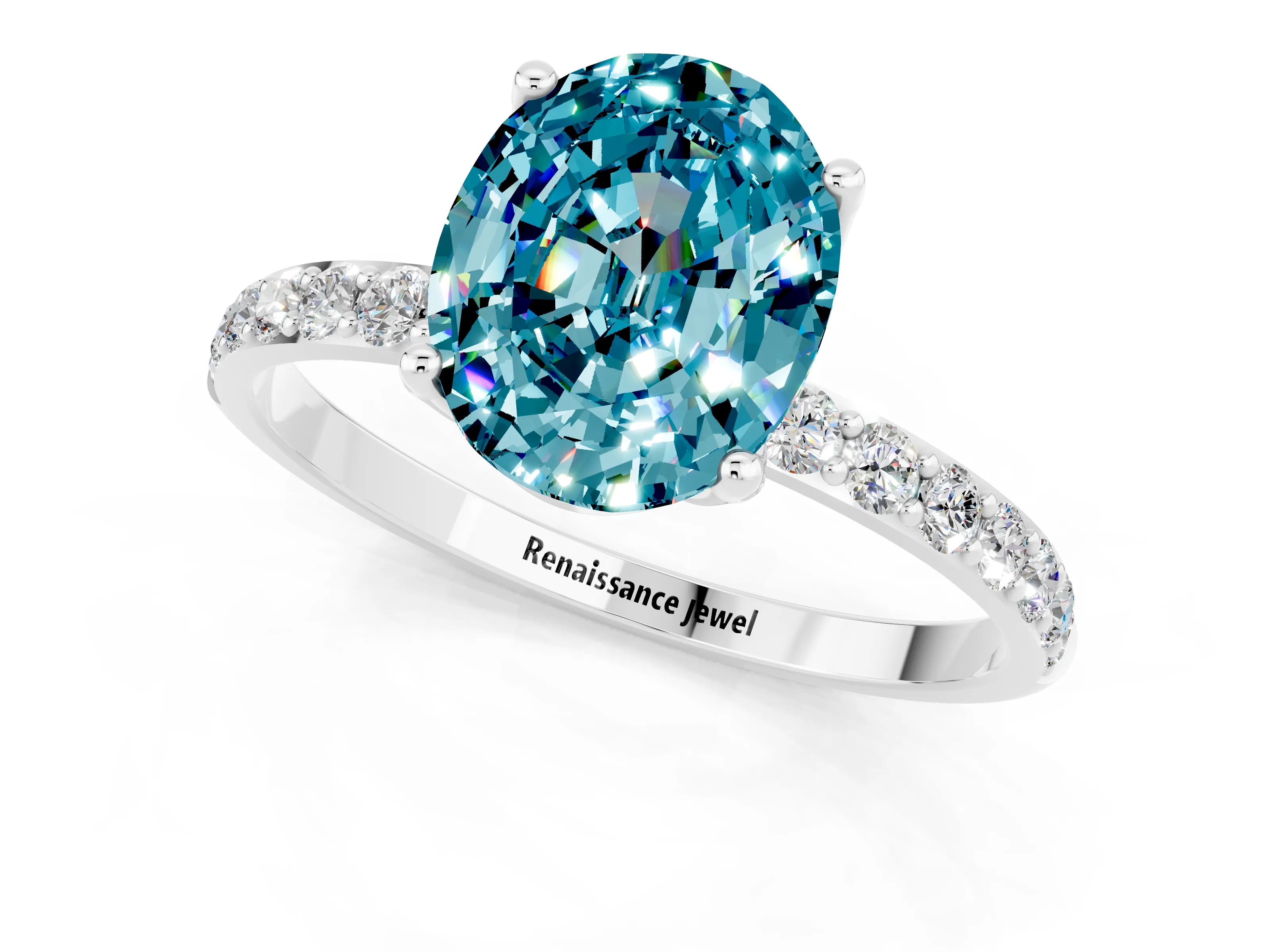 White gold Oval Cut Blue Topaz Solitaire Engagement Ring with Pavé Band and Prong Setting_1
