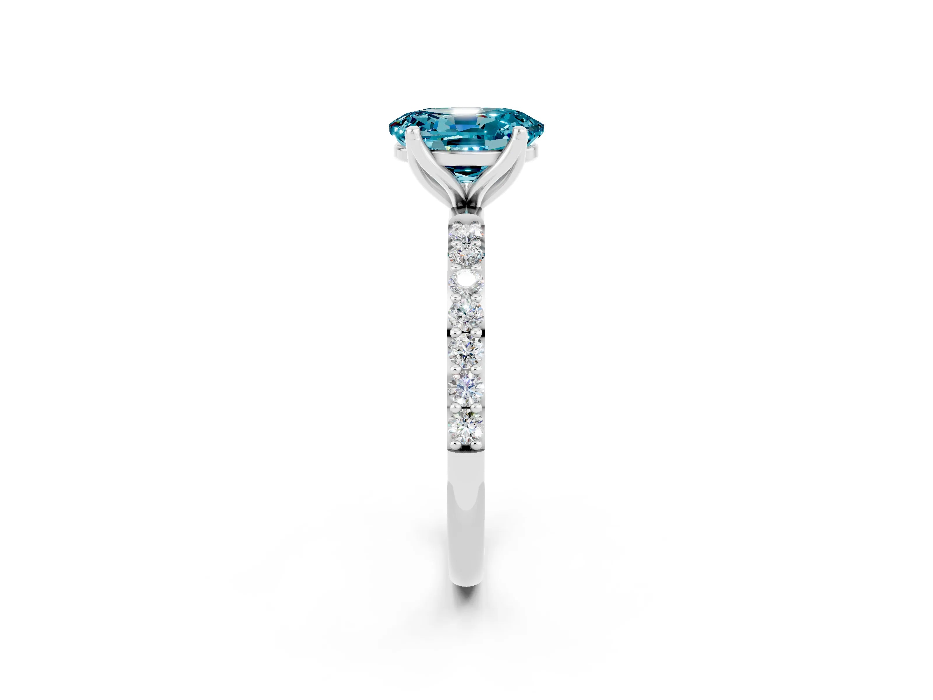 White gold Oval Cut Blue Topaz Solitaire Engagement Ring with Pavé Band and Prong Setting_2