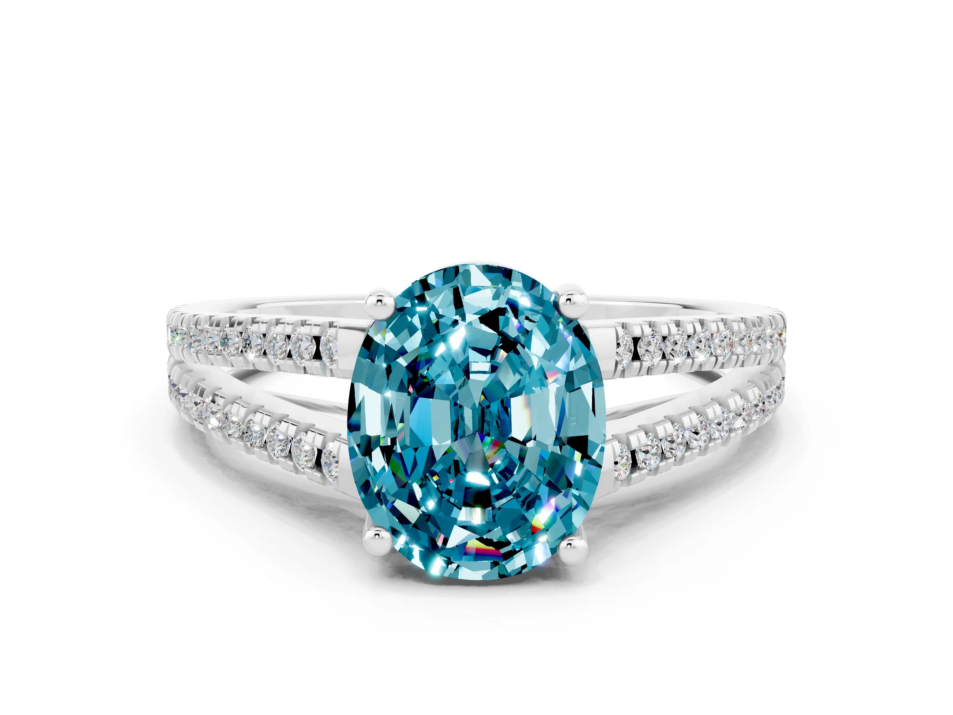 White gold Oval Cut Blue Topaz Solitaire Engagement Ring with Split Shank Pavé Band