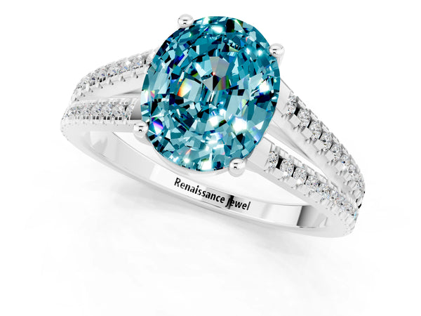 Platinum Oval Cut Blue Topaz Solitaire Engagement Ring with Split Shank Pavé Band