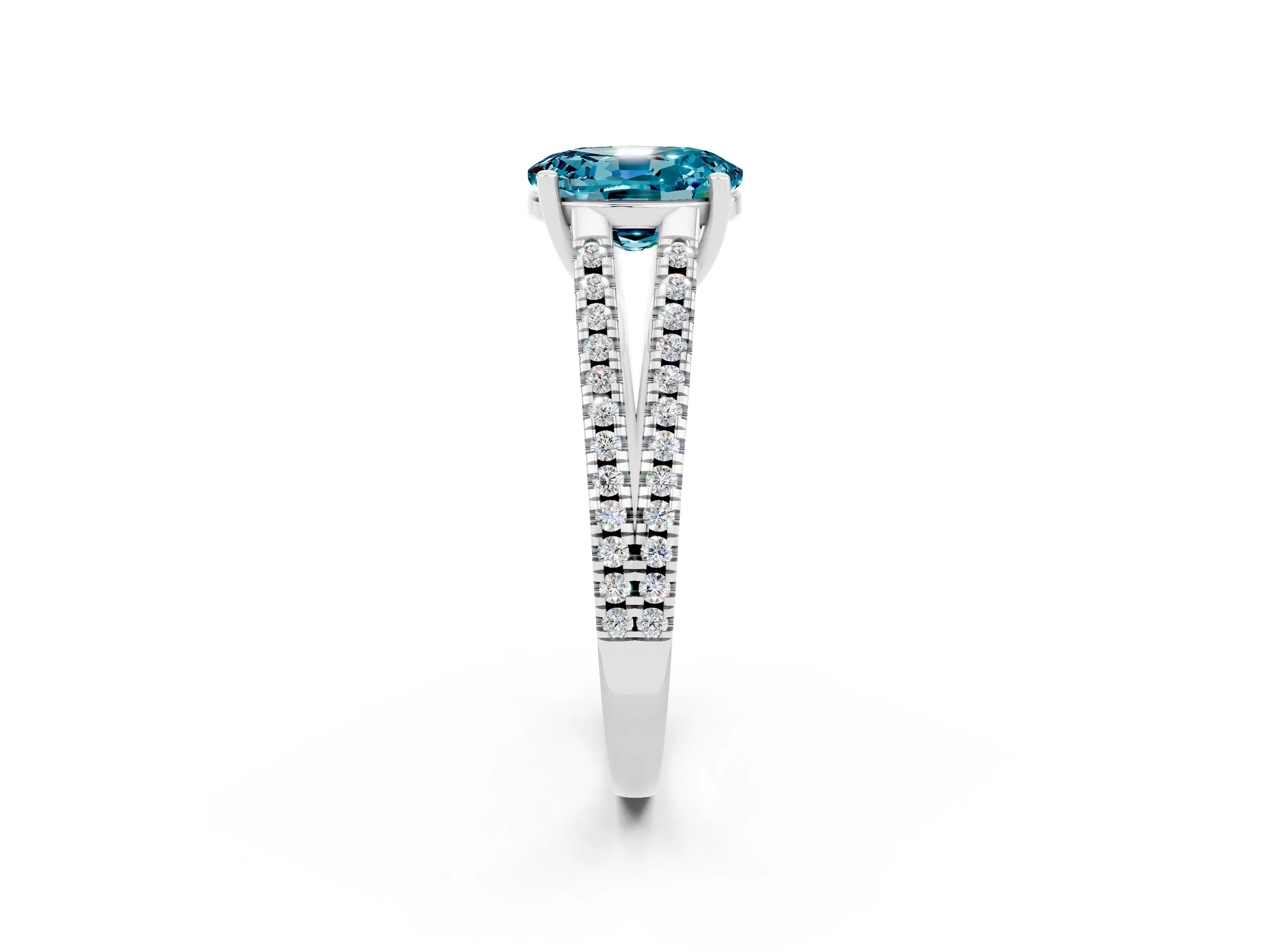 White gold Oval Cut Blue Topaz Solitaire Engagement Ring with Split Shank Pavé Band_2