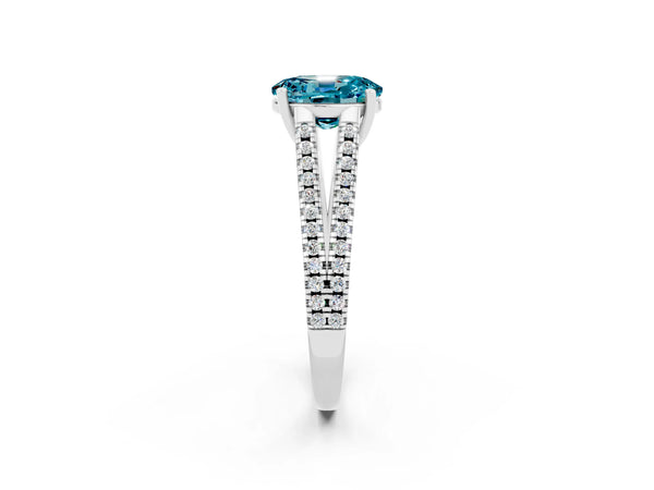 Silver Oval Cut Blue Topaz Solitaire Engagement Ring with Split Shank Pavé Band