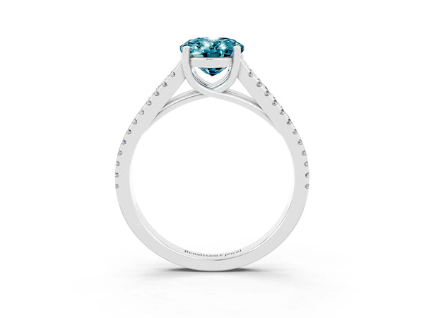 Silver Oval Cut Blue Topaz Solitaire Engagement Ring with Split Shank Pavé Band