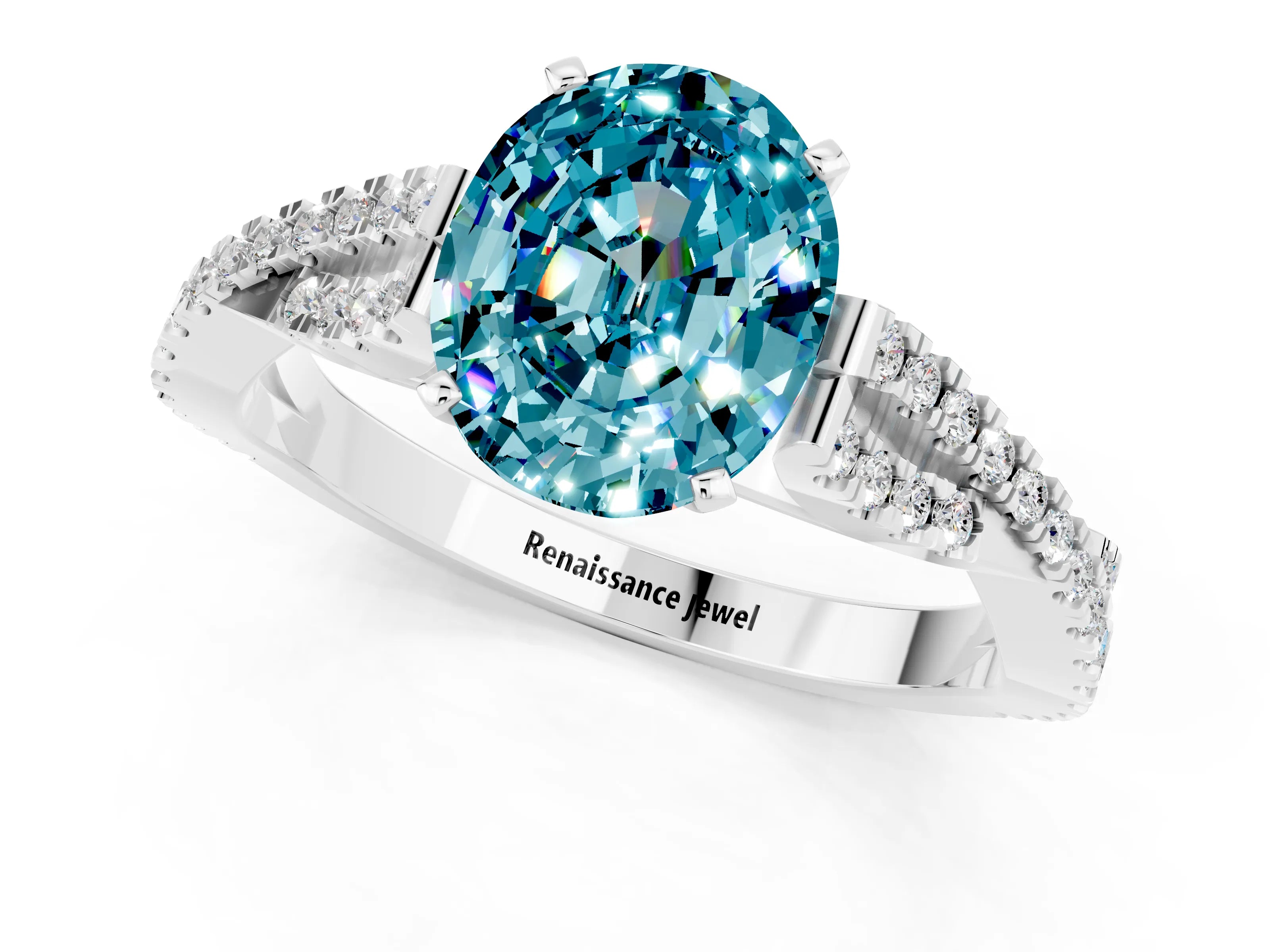 White gold Oval Cut Blue Topaz Solitaire Engagement Ring with Twisted Pavé Band and Four-Prong Setting_1
