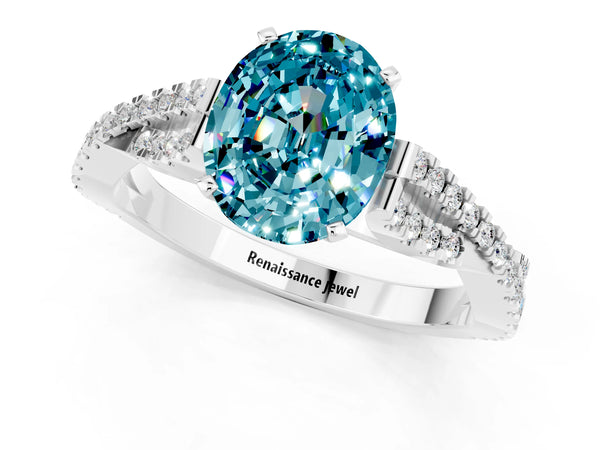 White gold Oval Cut Blue Topaz Solitaire Engagement Ring with Twisted Pavé Band and Four-Prong Setting