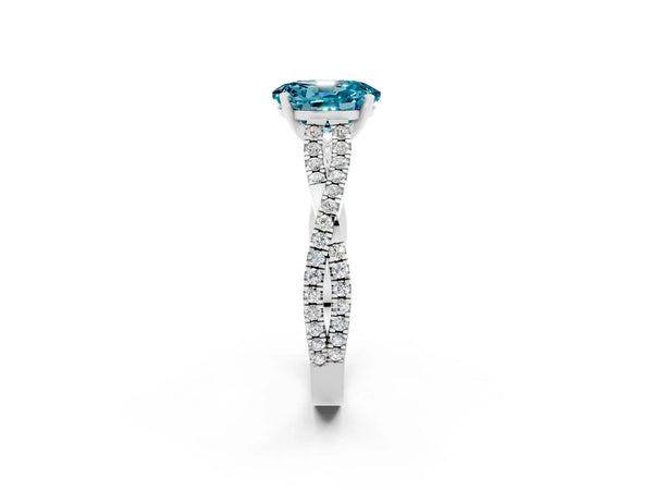 Silver Oval Cut Blue Topaz Solitaire Engagement Ring with Twisted Pavé Band and Four-Prong Setting