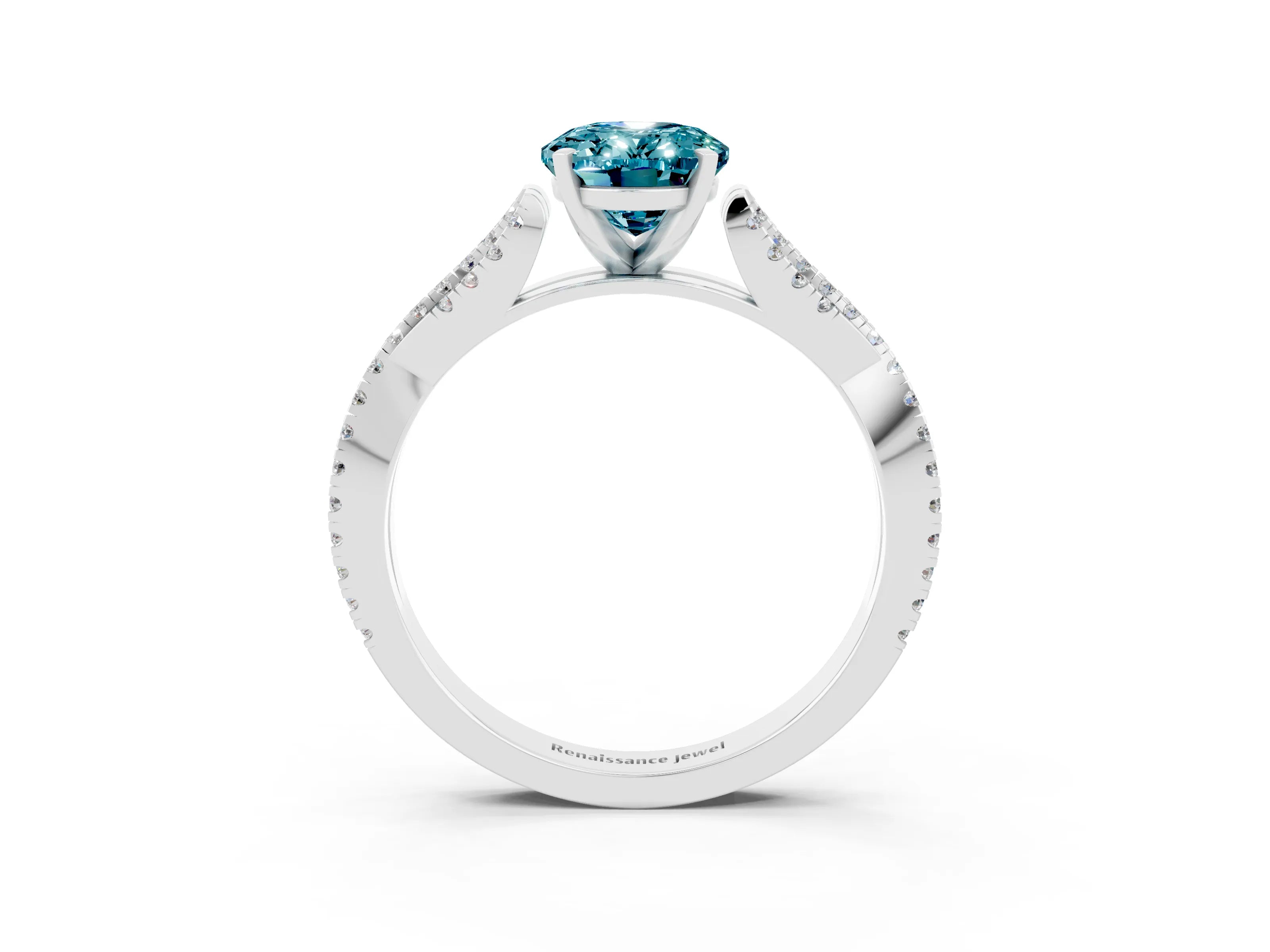 White gold Oval Cut Blue Topaz Solitaire Engagement Ring with Twisted Pavé Band and Four-Prong Setting_3