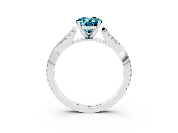 White gold Oval Cut Blue Topaz Solitaire Engagement Ring with Twisted Pavé Band and Four-Prong Setting