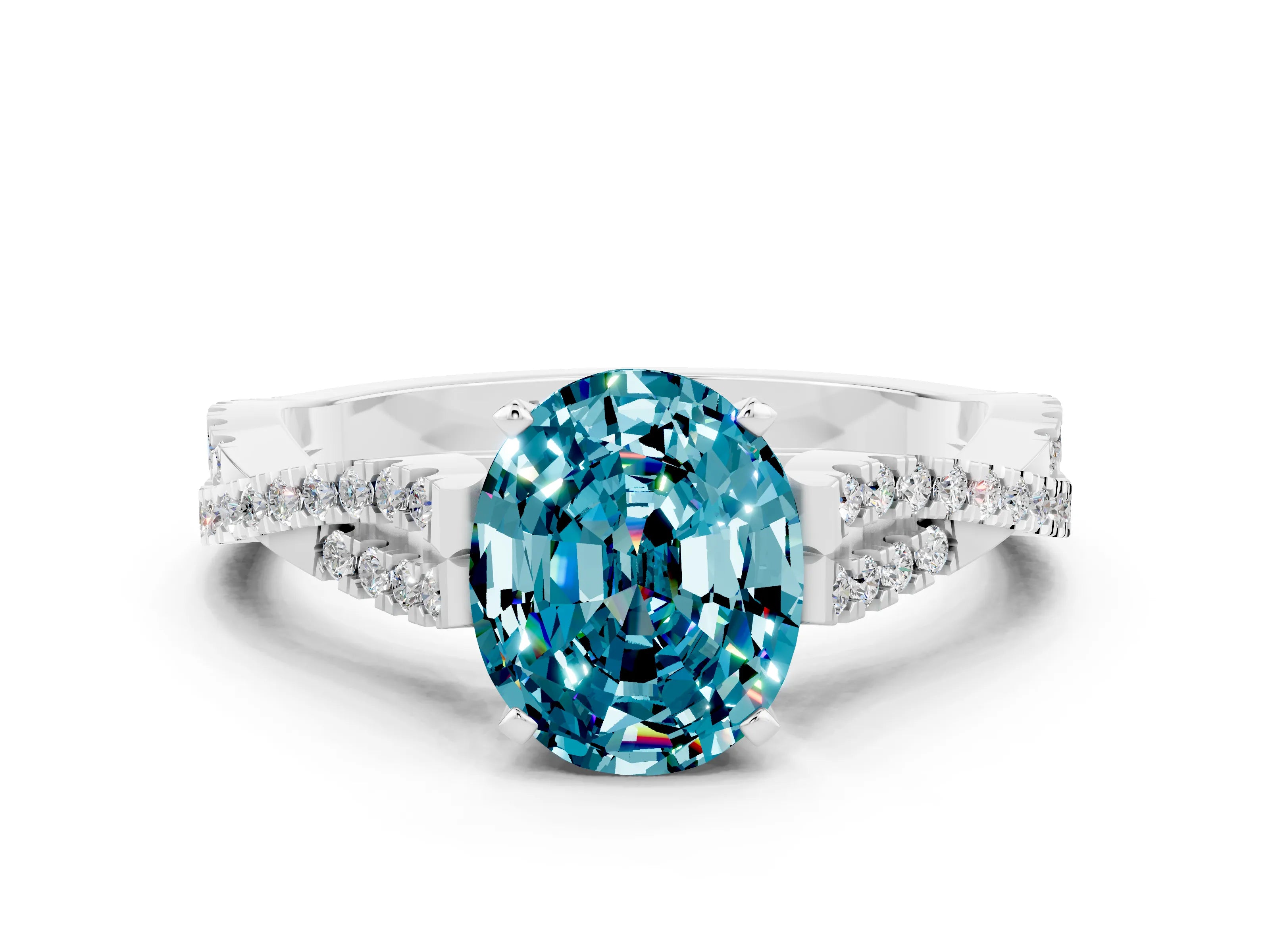 White gold Oval Cut Blue Topaz Solitaire Engagement Ring with Twisted Pavé Band and Four-Prong Setting