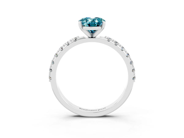 Platinum Oval Cut Blue Topaz Solitaire Pavé Band with Four-Prong Setting