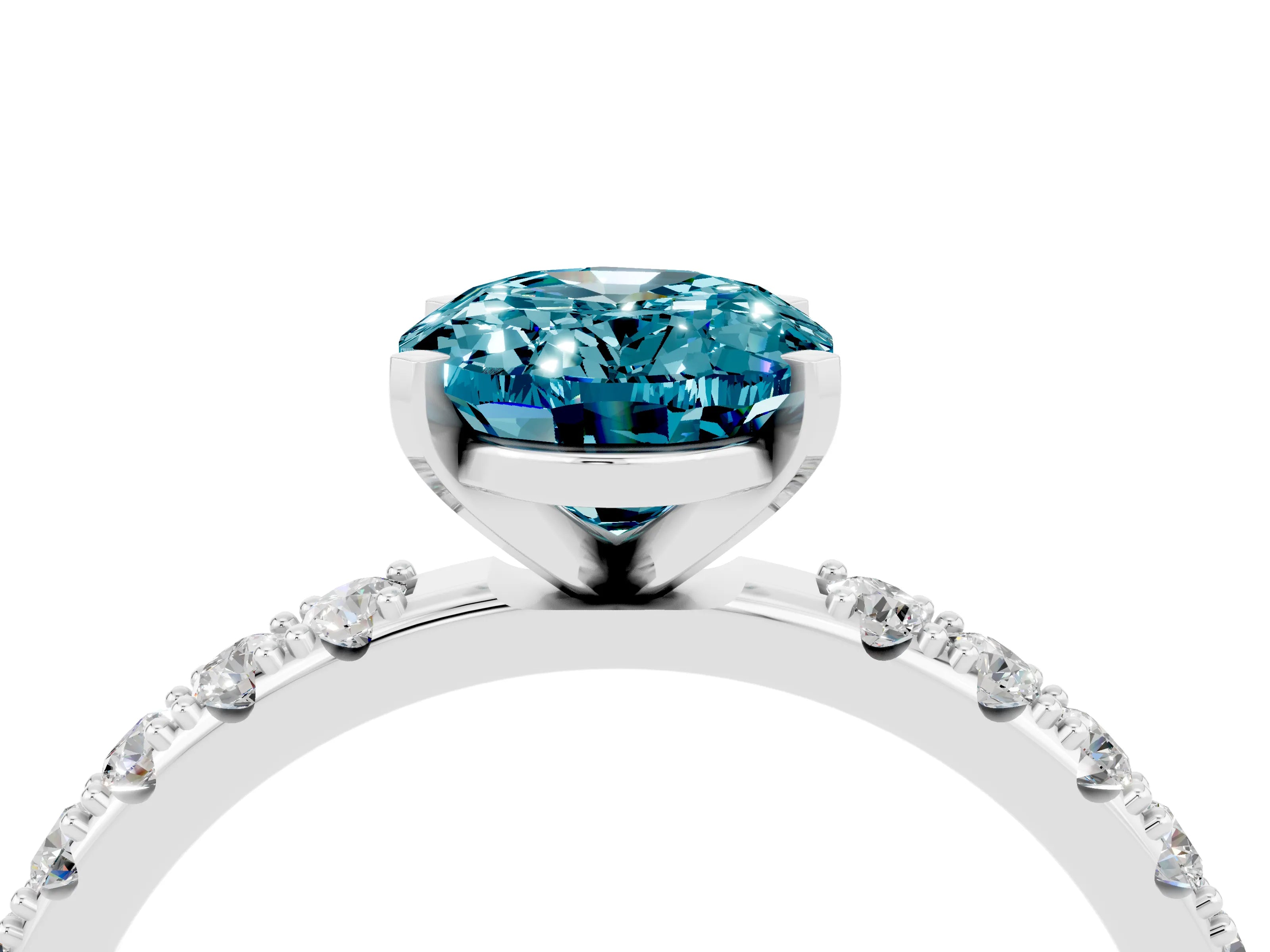 White gold Oval Cut Blue Topaz Solitaire Pavé Band with Four-Prong Setting_4