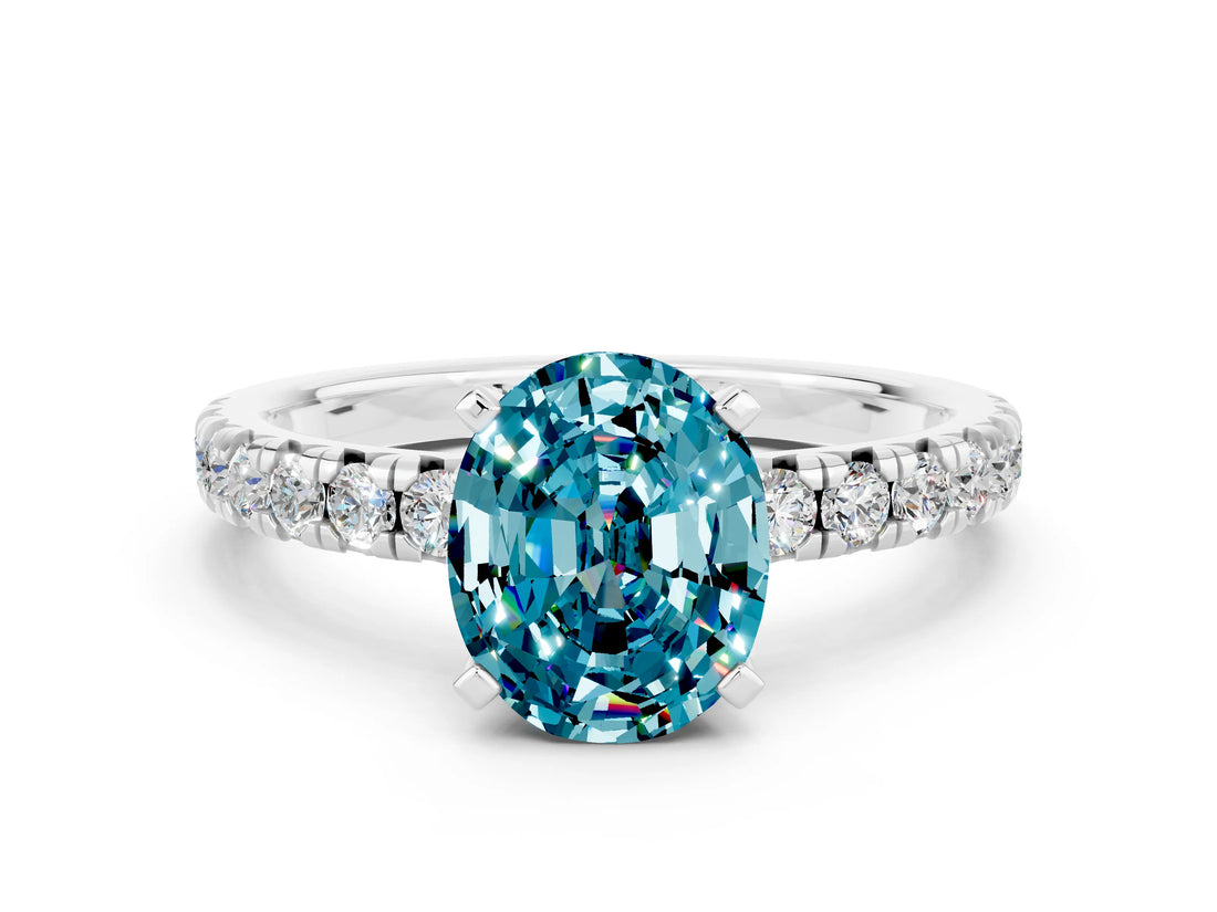 White gold Oval Cut Blue Topaz Solitaire Pavé Engagement Ring with Round Band and Prong Setting_72