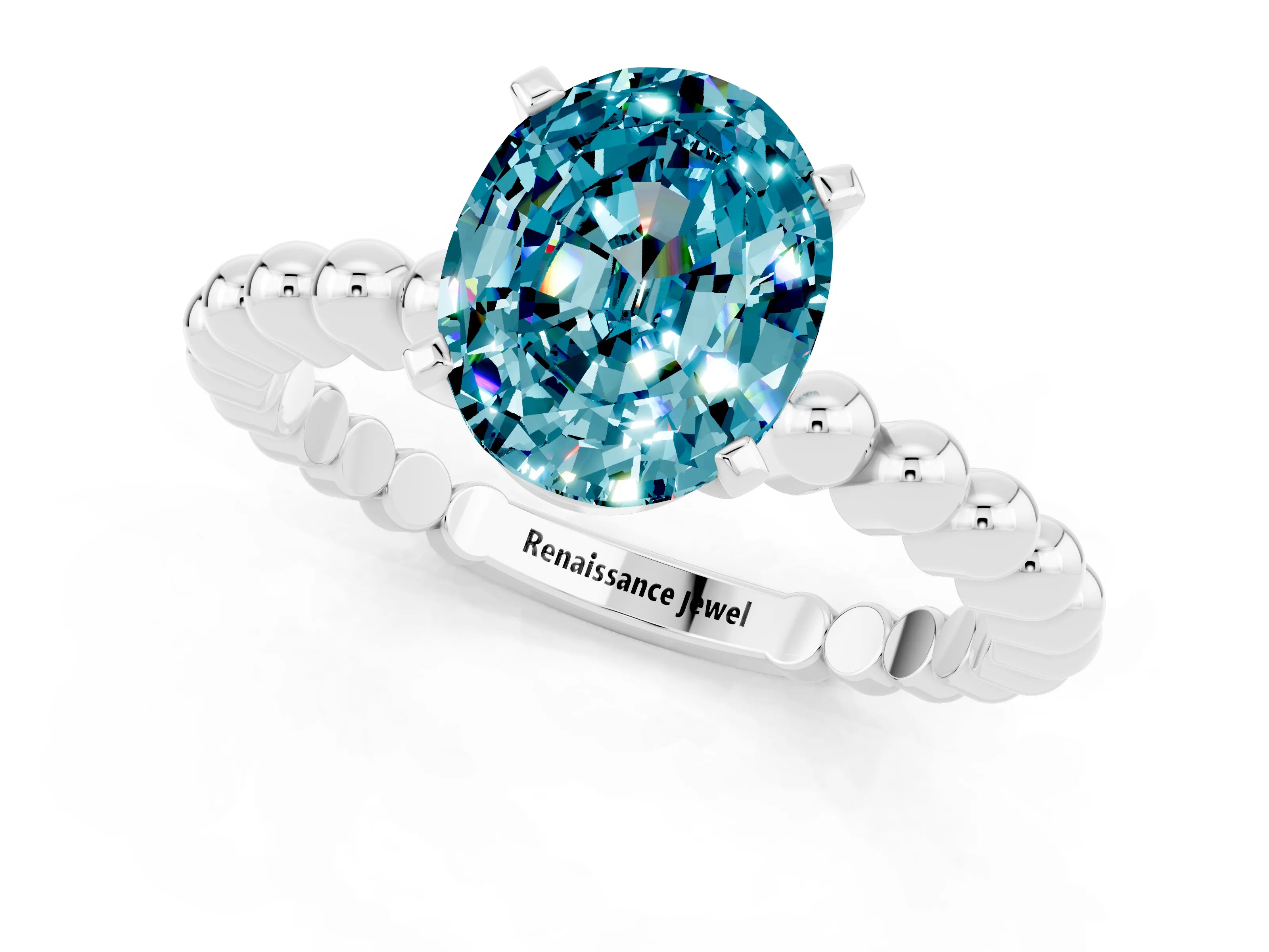 White gold Oval Cut Blue Topaz Solitaire Ring with Beaded Band and Prong Setting_13
