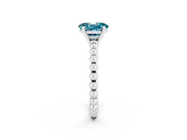 White gold Oval Cut Blue Topaz Solitaire Ring with Beaded Band and Prong Setting