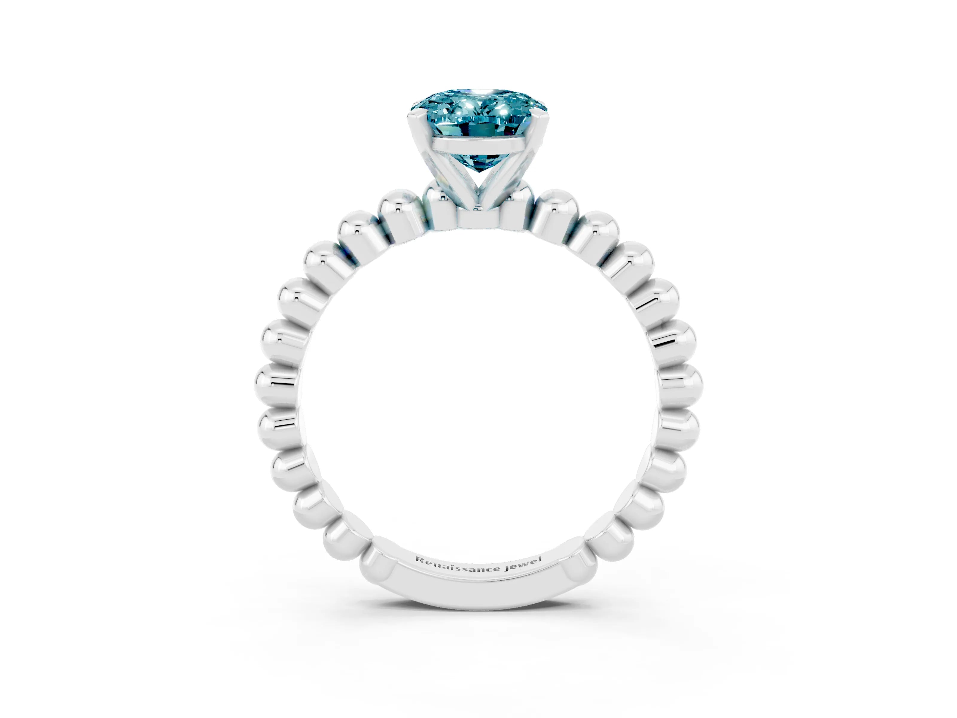 White gold Oval Cut Blue Topaz Solitaire Ring with Beaded Band and Prong Setting_15