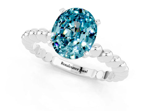 White gold Oval Cut Blue Topaz Solitaire Ring with Beaded Band and Prong Setting_1