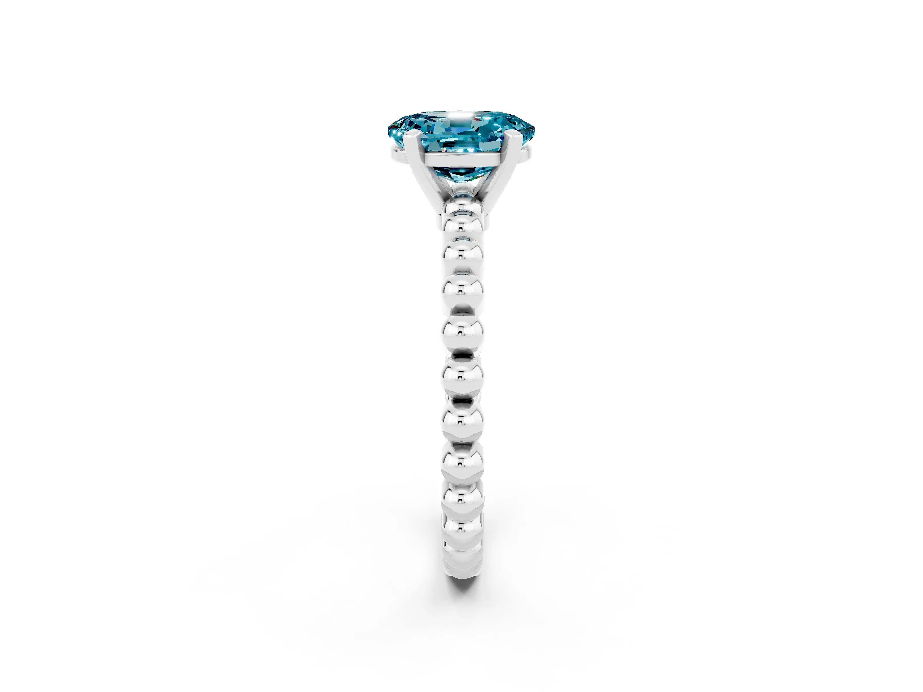 White gold Oval Cut Blue Topaz Solitaire Ring with Beaded Band and Prong Setting_2