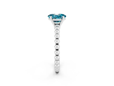White gold Oval Cut Blue Topaz Solitaire Ring with Beaded Band and Prong Setting_2