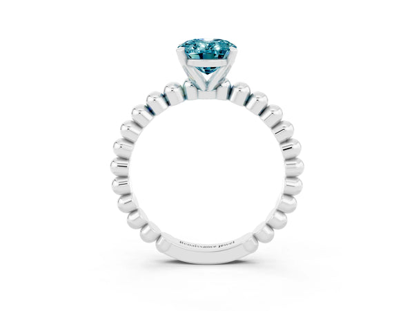 Platinum Oval Cut Blue Topaz Solitaire Ring with Beaded Band and Prong Setting
