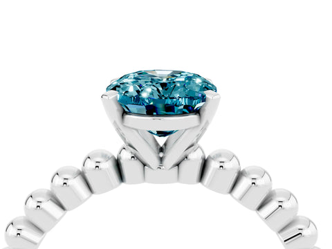White gold Oval Cut Blue Topaz Solitaire Ring with Beaded Band and Prong Setting_4