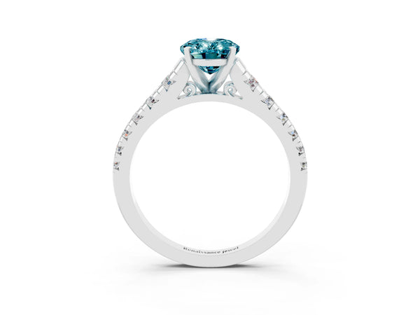Platinum Oval Cut Blue Topaz Cathedral Solitaire Ring with Round  Pavé Band