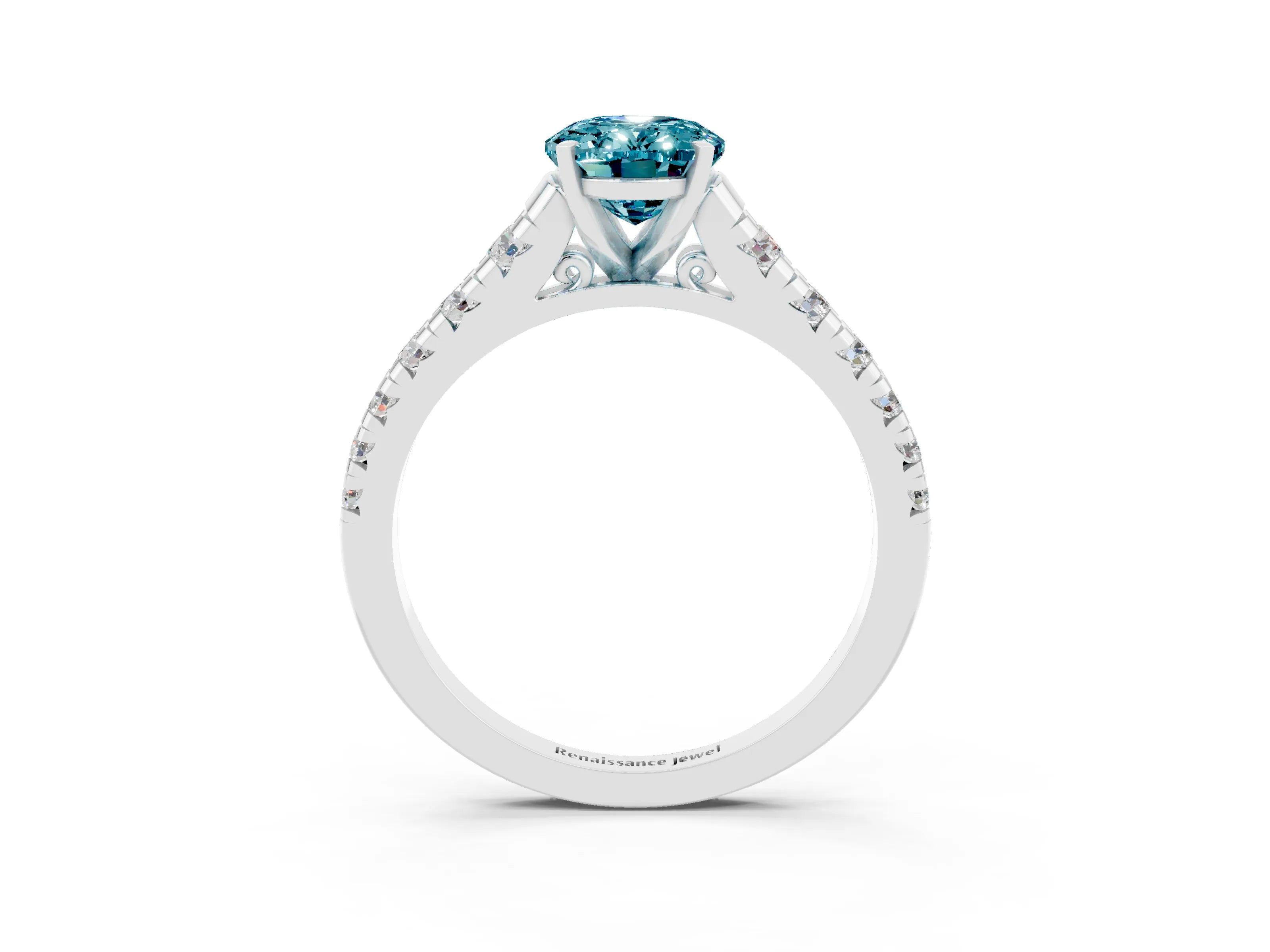 White gold Oval Cut Blue Topaz Solitaire Ring with Cathedral Setting and Pavé Band_3