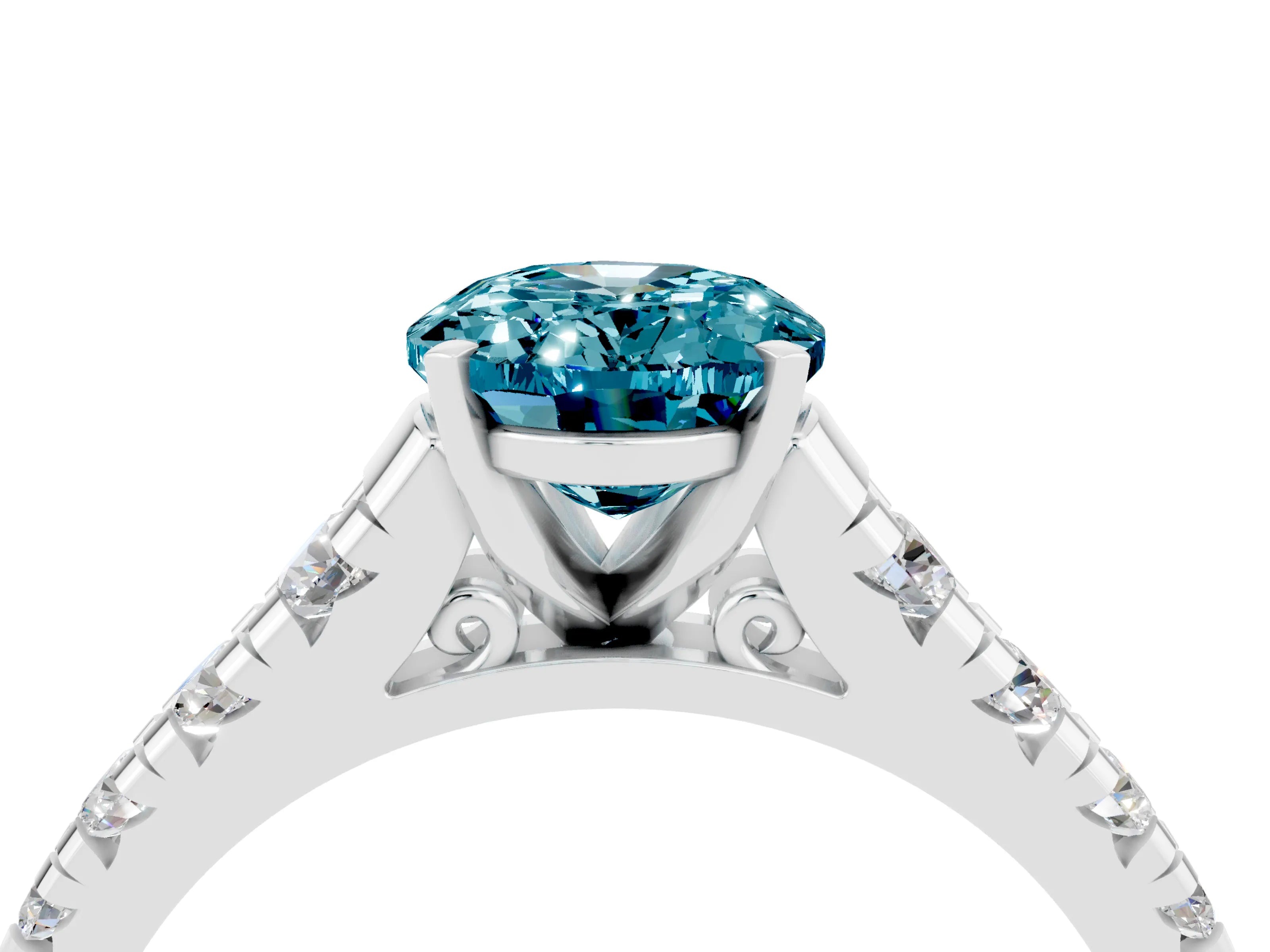 White gold Oval Cut Blue Topaz Solitaire Ring with Cathedral Setting and Pavé Band_4
