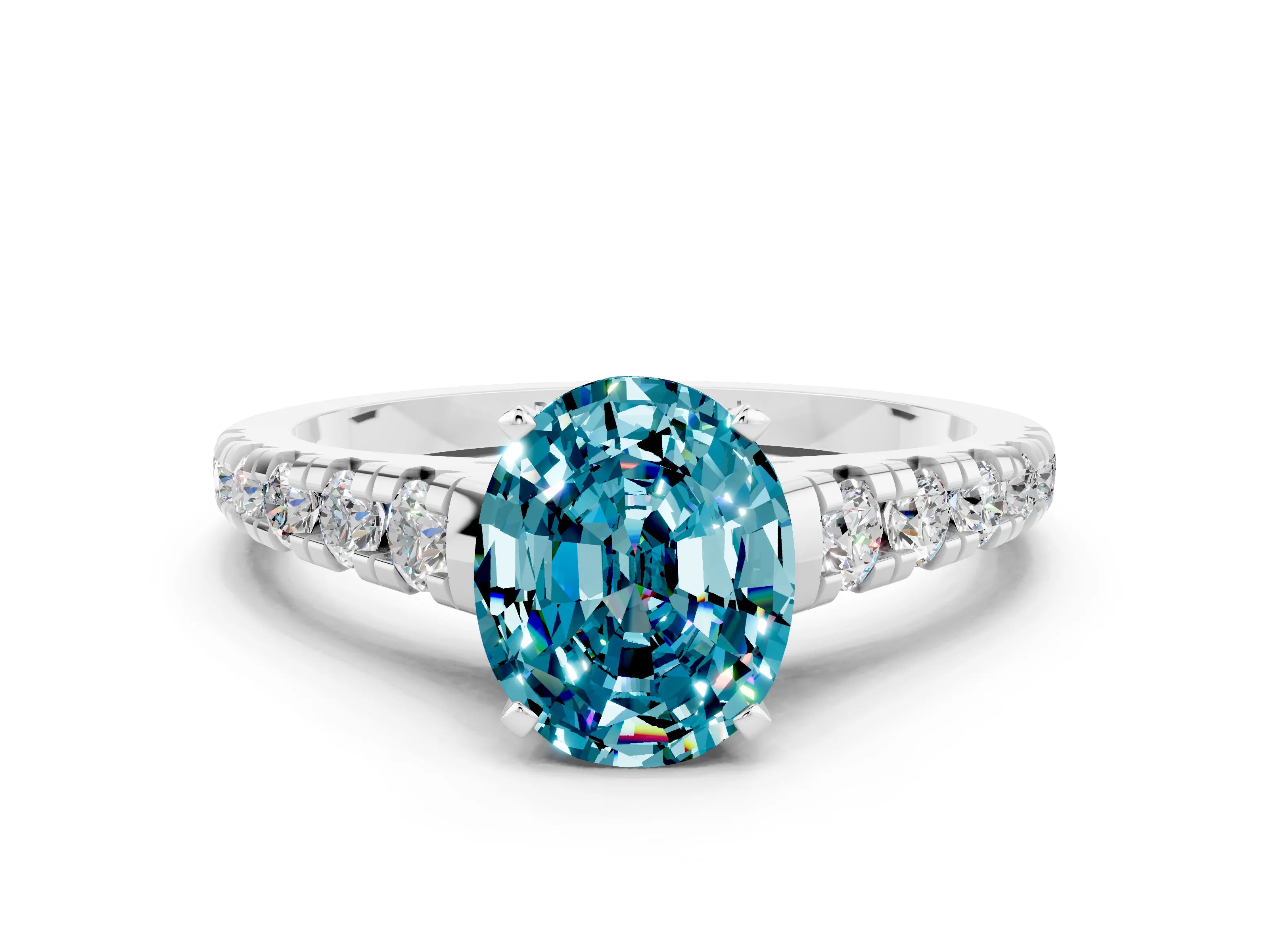White gold Oval Cut Blue Topaz Solitaire Ring with Cathedral Setting and Pavé Band