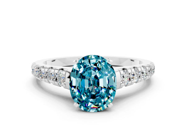 Silver Oval Cut Blue Topaz Cathedral Solitaire Ring with Round  Pavé Band