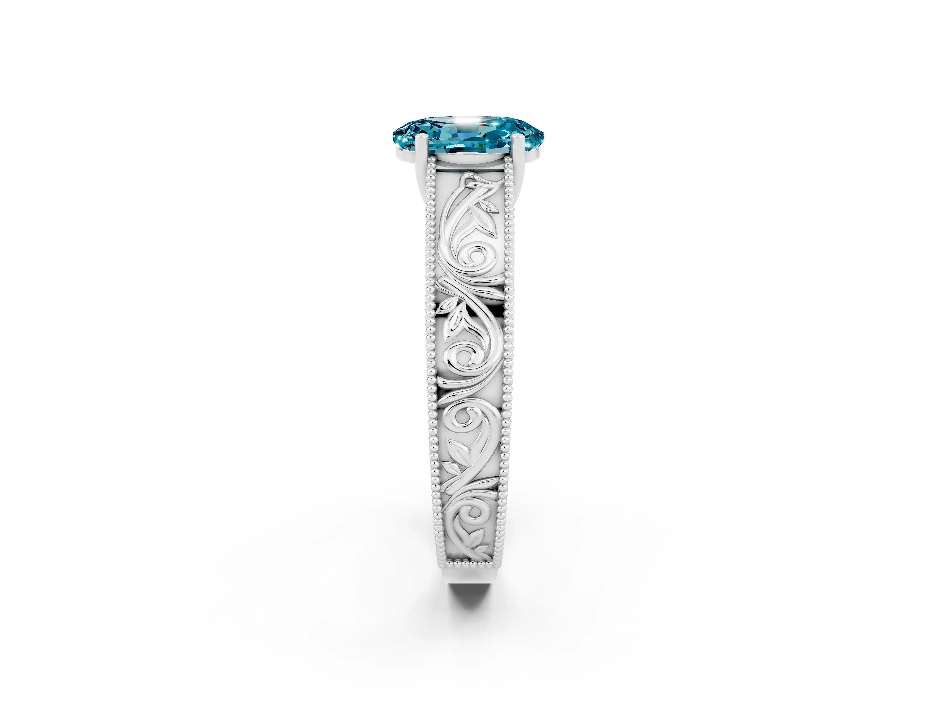 White gold Oval Cut Blue Topaz Solitaire Ring with Engraved Band and Four-Prong Setting_2