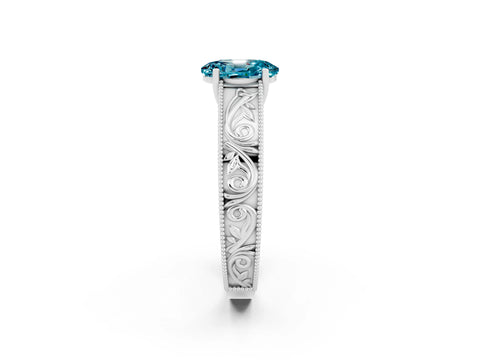 White gold Oval Cut Blue Topaz Solitaire Ring with Engraved Band and Four-Prong Setting_2