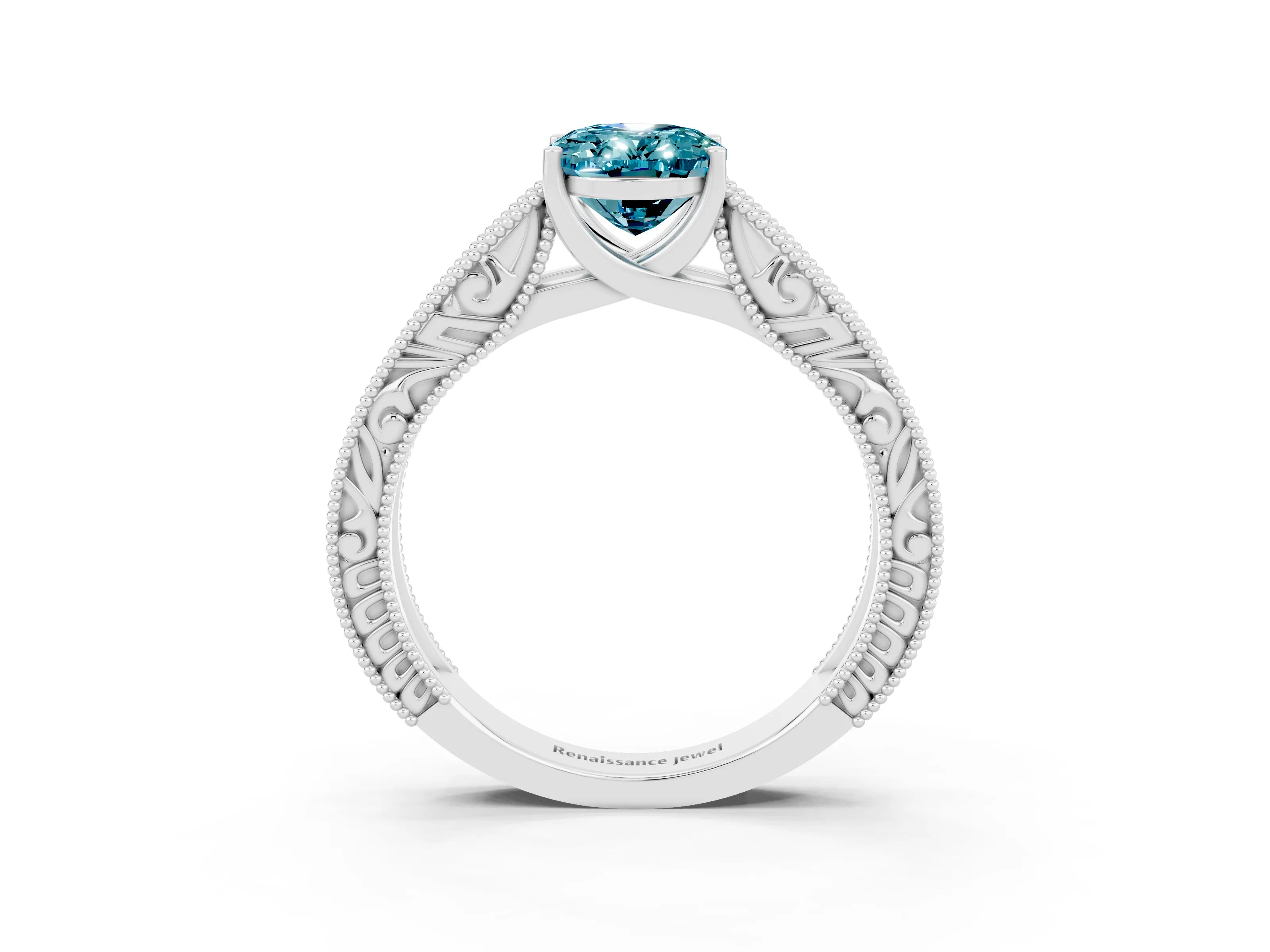 White gold Oval Cut Blue Topaz Solitaire Ring with Engraved Band and Four-Prong Setting_3